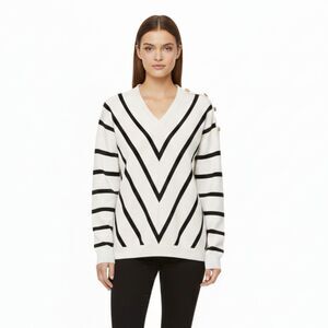 Mazik Striped V-Neck Sweater w/ Gold Buttons - Size Small